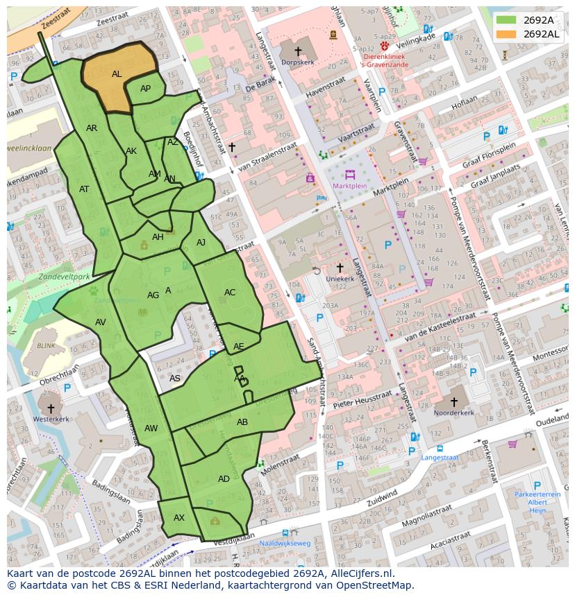 Afbeelding van het postcodegebied 2692 AL op de kaart.