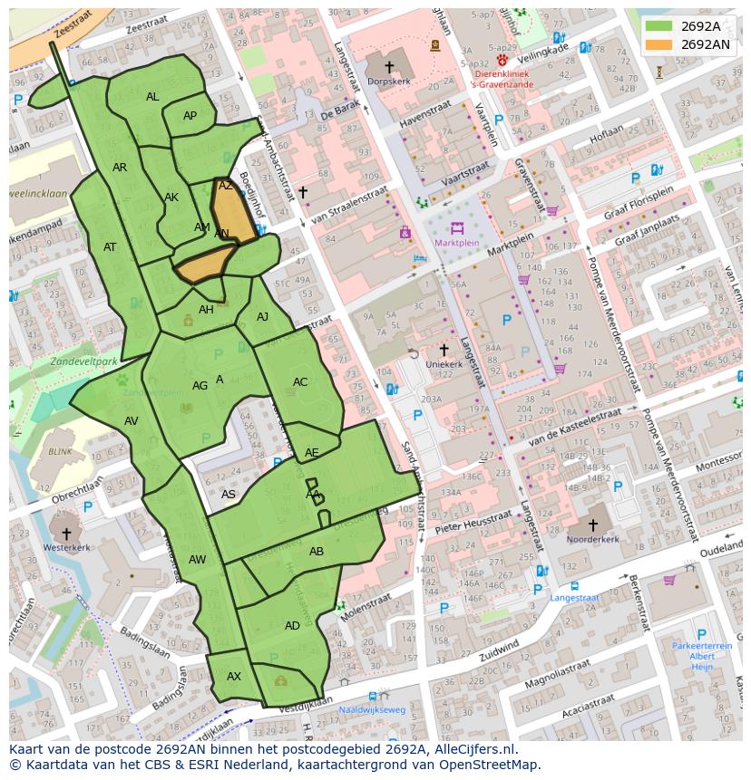 Afbeelding van het postcodegebied 2692 AN op de kaart.