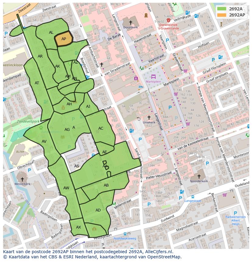 Afbeelding van het postcodegebied 2692 AP op de kaart.