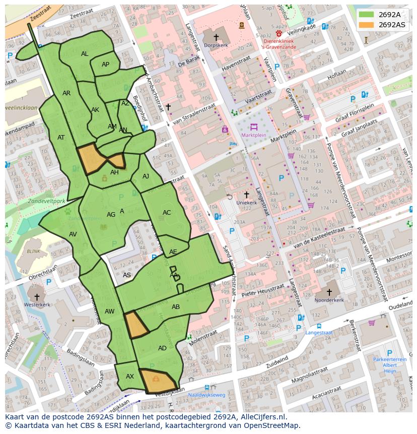 Afbeelding van het postcodegebied 2692 AS op de kaart.