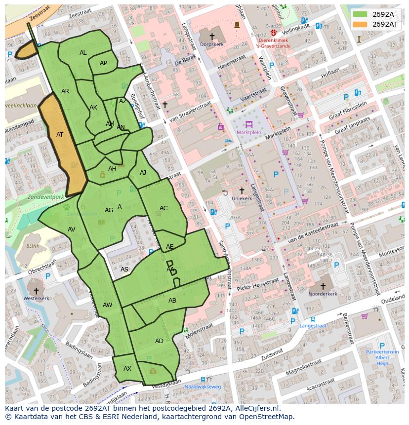 Afbeelding van het postcodegebied 2692 AT op de kaart.