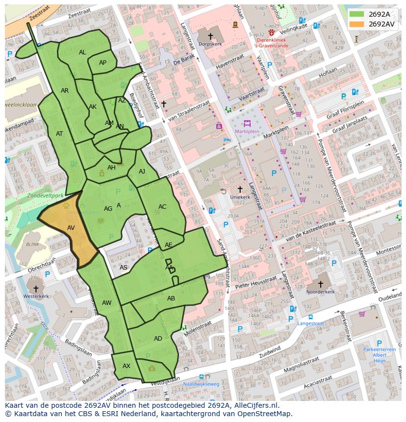 Afbeelding van het postcodegebied 2692 AV op de kaart.