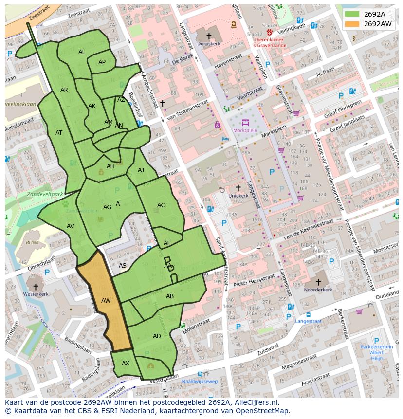 Afbeelding van het postcodegebied 2692 AW op de kaart.