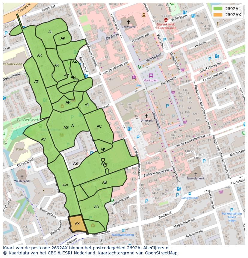 Afbeelding van het postcodegebied 2692 AX op de kaart.