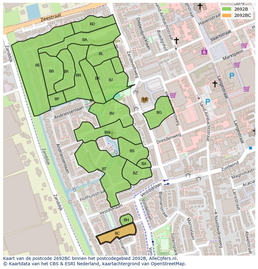 Afbeelding van het postcodegebied 2692 BC op de kaart.