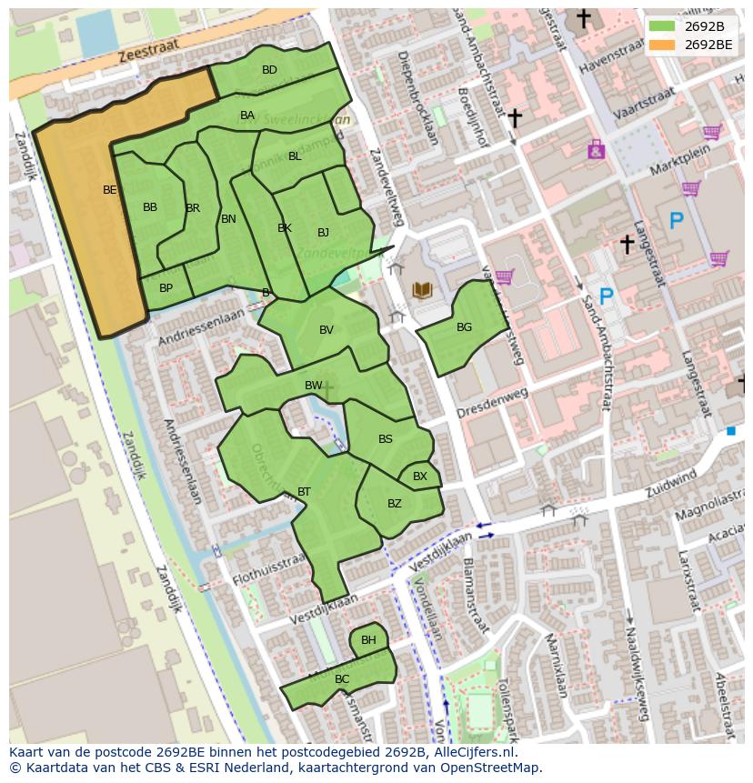 Afbeelding van het postcodegebied 2692 BE op de kaart.