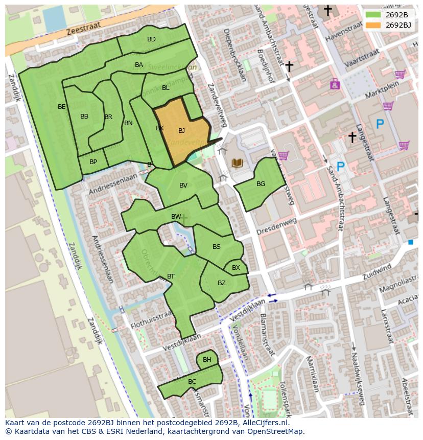 Afbeelding van het postcodegebied 2692 BJ op de kaart.