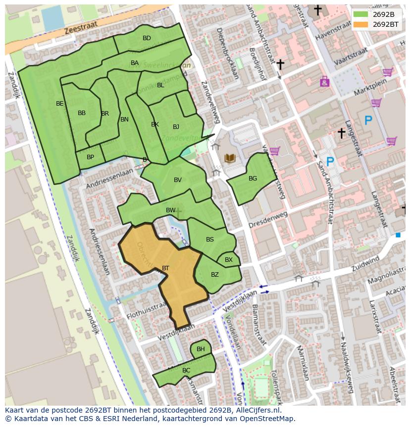 Afbeelding van het postcodegebied 2692 BT op de kaart.