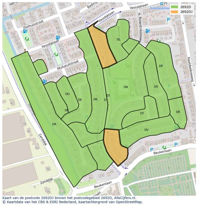 Afbeelding van het postcodegebied 2692 DJ op de kaart.