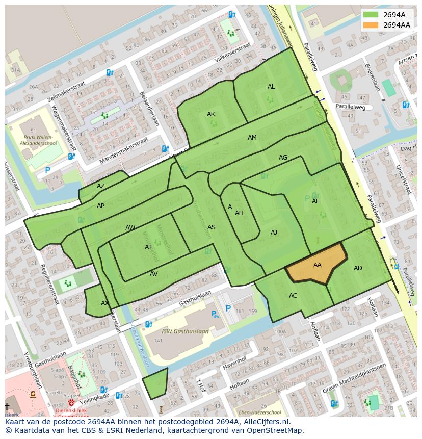 Afbeelding van het postcodegebied 2694 AA op de kaart.