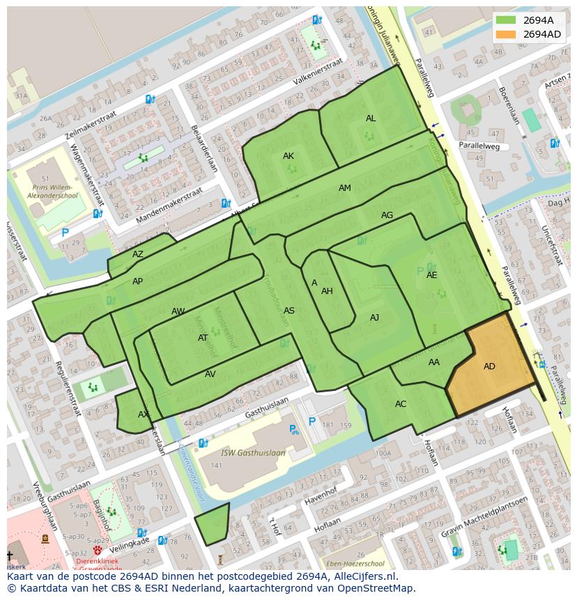 Afbeelding van het postcodegebied 2694 AD op de kaart.