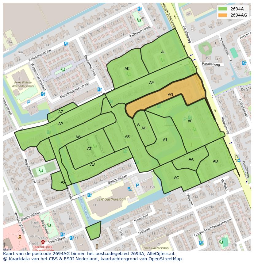Afbeelding van het postcodegebied 2694 AG op de kaart.