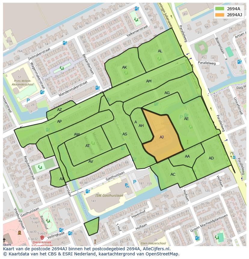 Afbeelding van het postcodegebied 2694 AJ op de kaart.