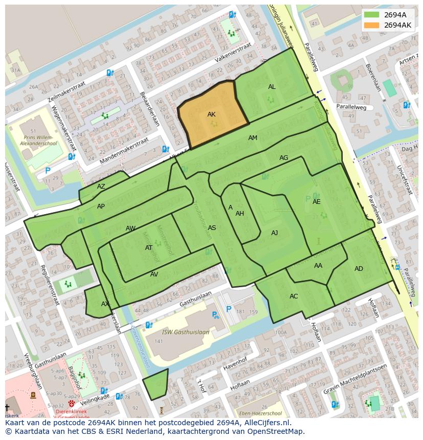 Afbeelding van het postcodegebied 2694 AK op de kaart.