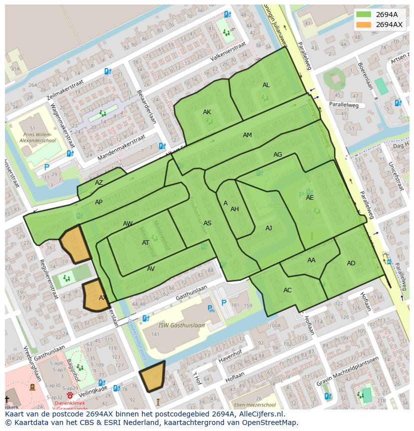 Afbeelding van het postcodegebied 2694 AX op de kaart.