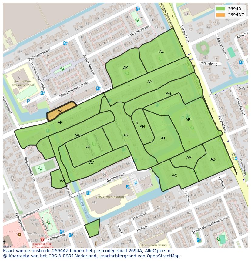 Afbeelding van het postcodegebied 2694 AZ op de kaart.
