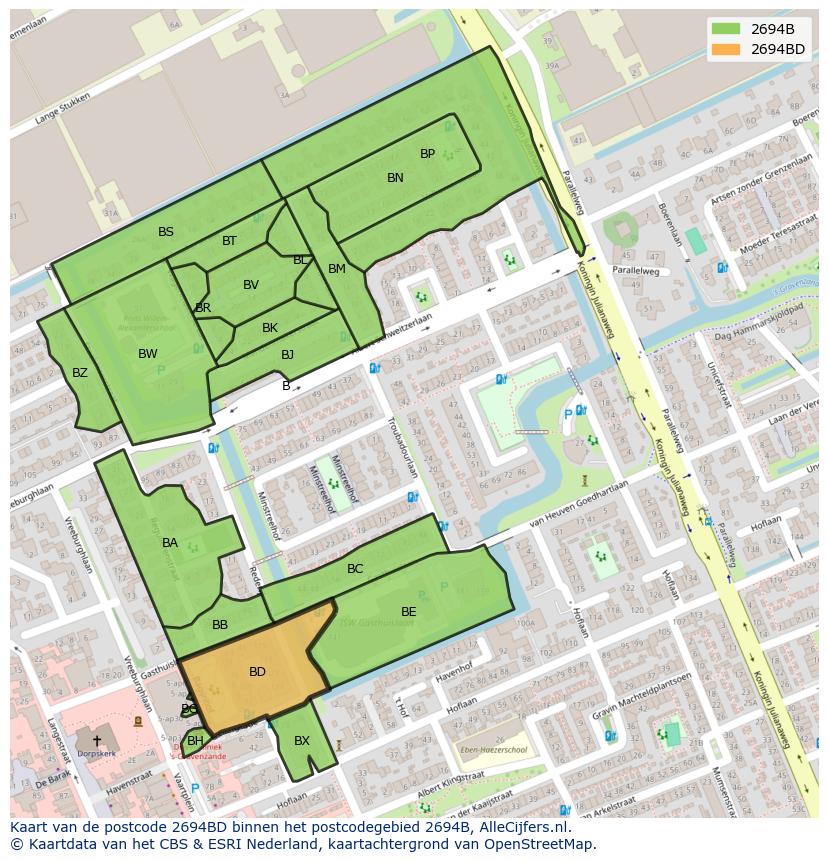 Afbeelding van het postcodegebied 2694 BD op de kaart.