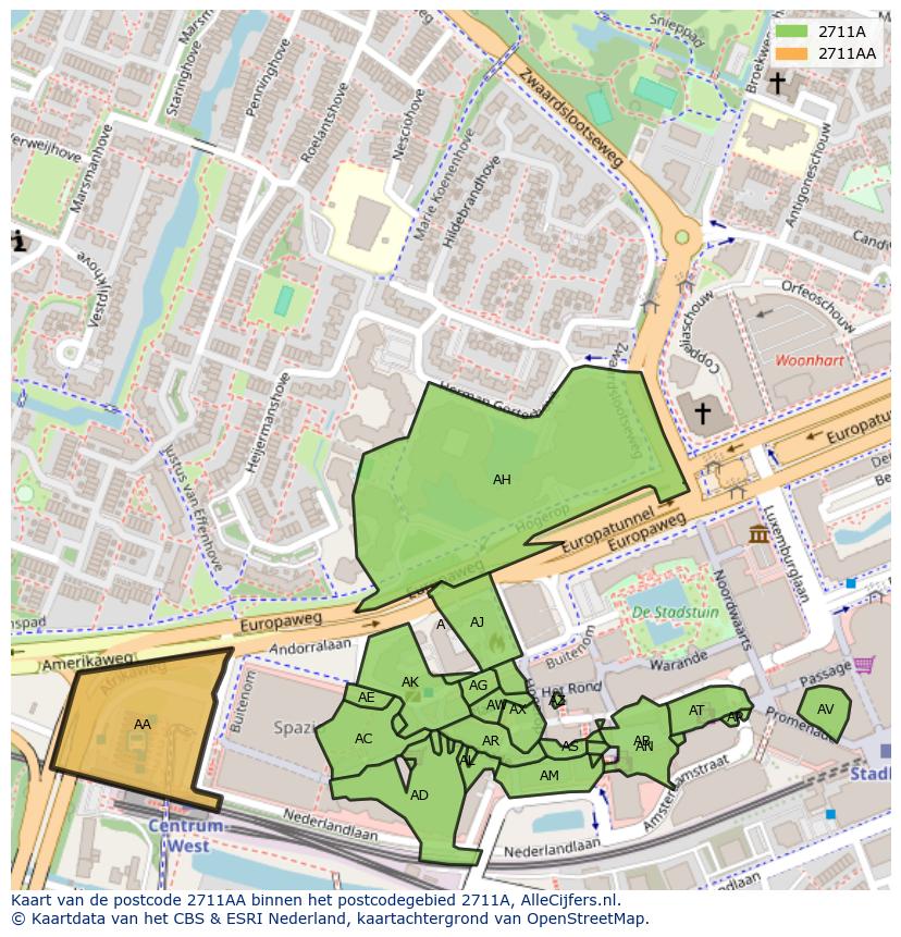 Afbeelding van het postcodegebied 2711 AA op de kaart.