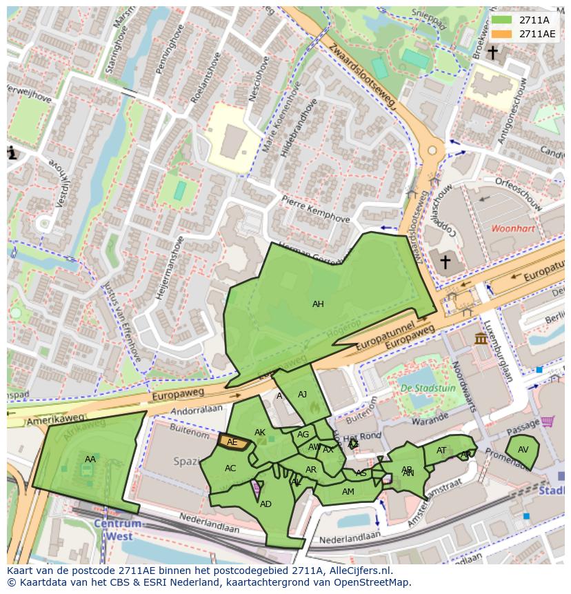 Afbeelding van het postcodegebied 2711 AE op de kaart.