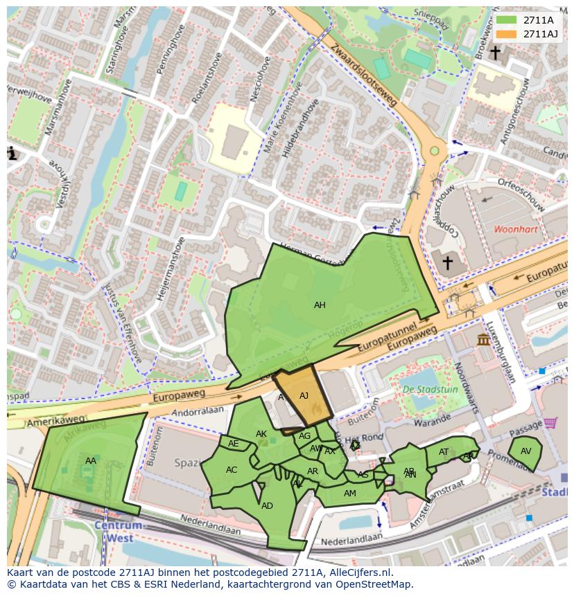 Afbeelding van het postcodegebied 2711 AJ op de kaart.