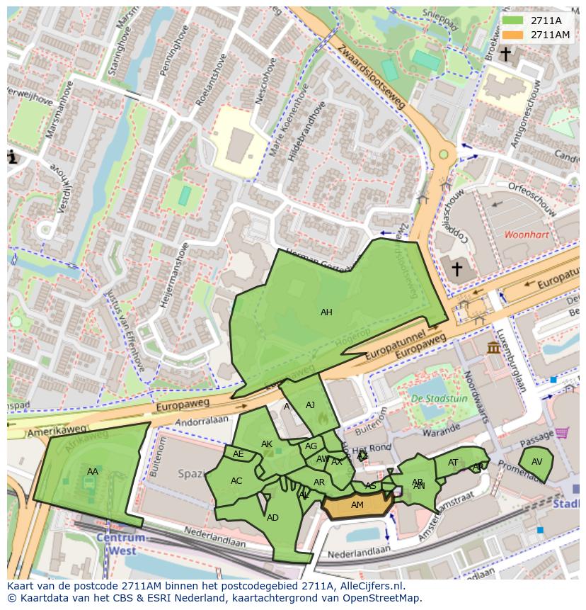 Afbeelding van het postcodegebied 2711 AM op de kaart.