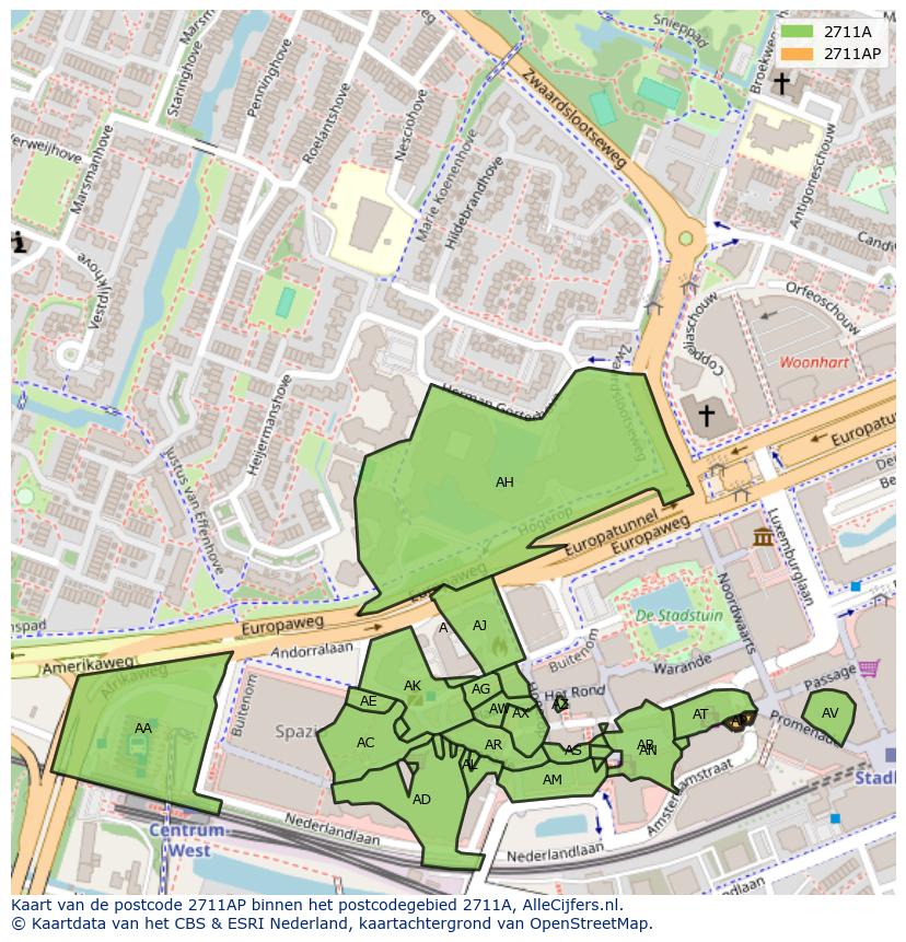 Afbeelding van het postcodegebied 2711 AP op de kaart.