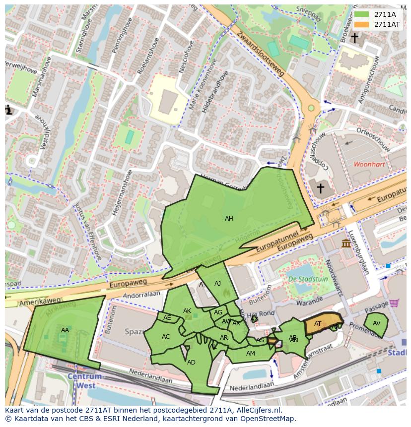 Afbeelding van het postcodegebied 2711 AT op de kaart.