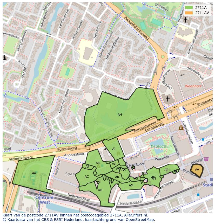 Afbeelding van het postcodegebied 2711 AV op de kaart.