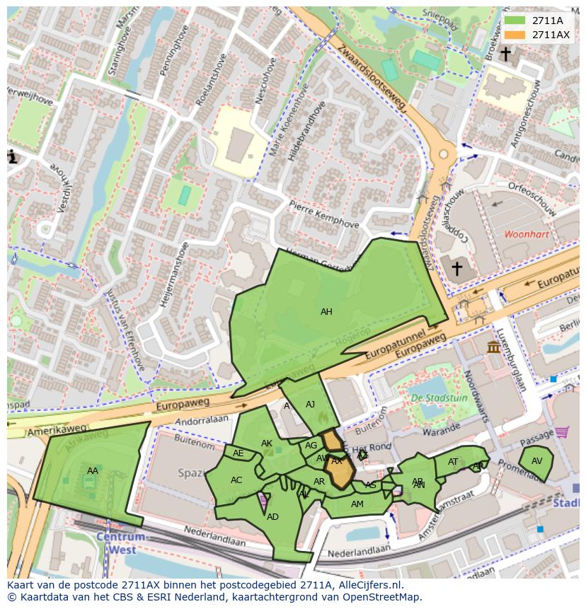 Afbeelding van het postcodegebied 2711 AX op de kaart.