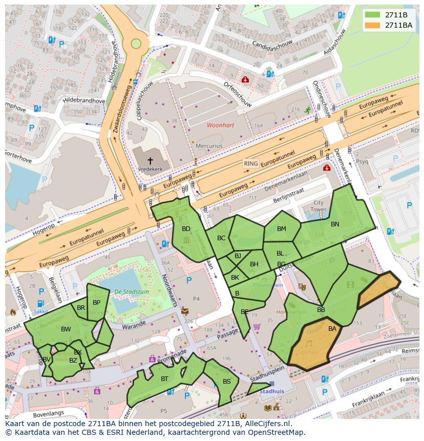 Afbeelding van het postcodegebied 2711 BA op de kaart.