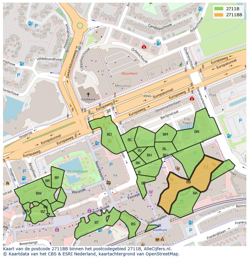 Afbeelding van het postcodegebied 2711 BB op de kaart.