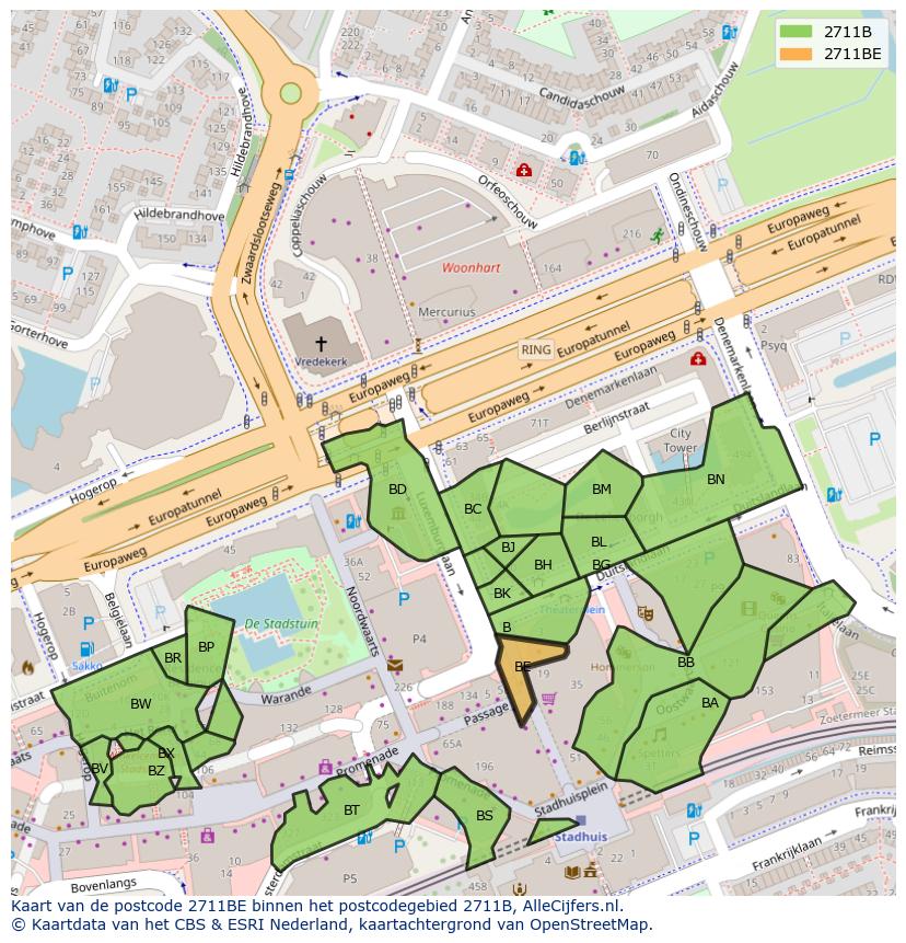 Afbeelding van het postcodegebied 2711 BE op de kaart.