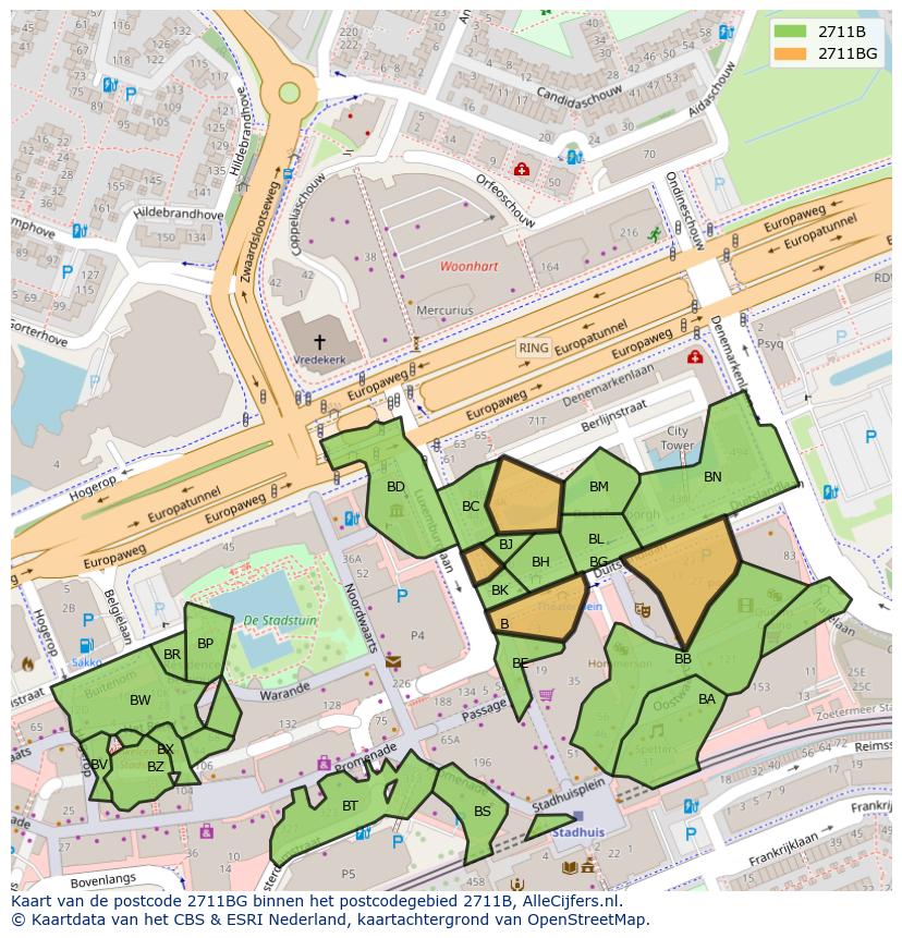 Afbeelding van het postcodegebied 2711 BG op de kaart.