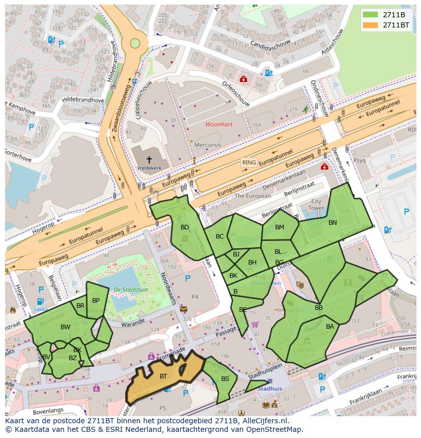 Afbeelding van het postcodegebied 2711 BT op de kaart.