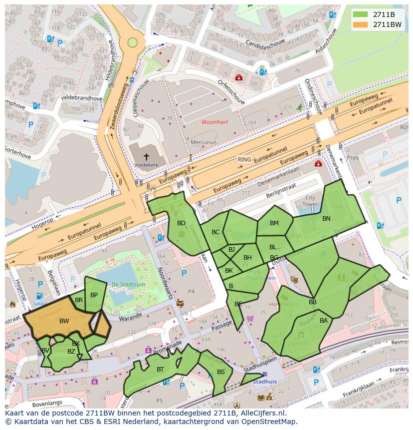 Afbeelding van het postcodegebied 2711 BW op de kaart.