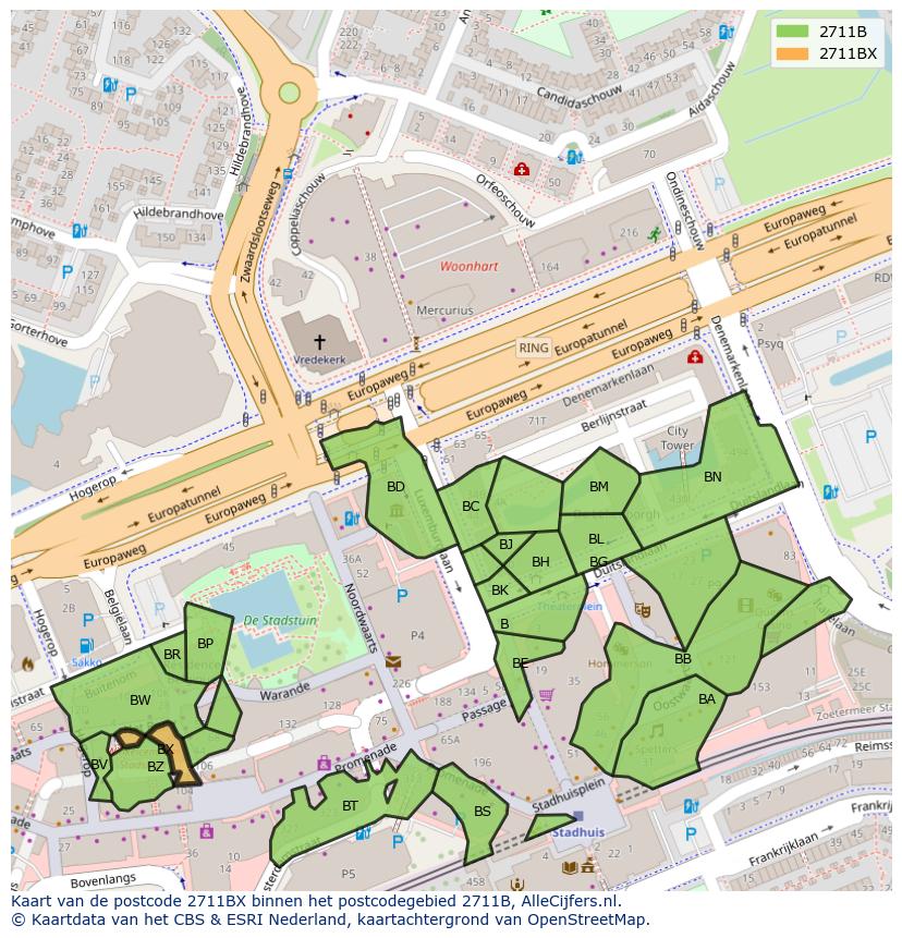 Afbeelding van het postcodegebied 2711 BX op de kaart.