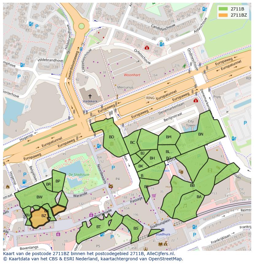 Afbeelding van het postcodegebied 2711 BZ op de kaart.