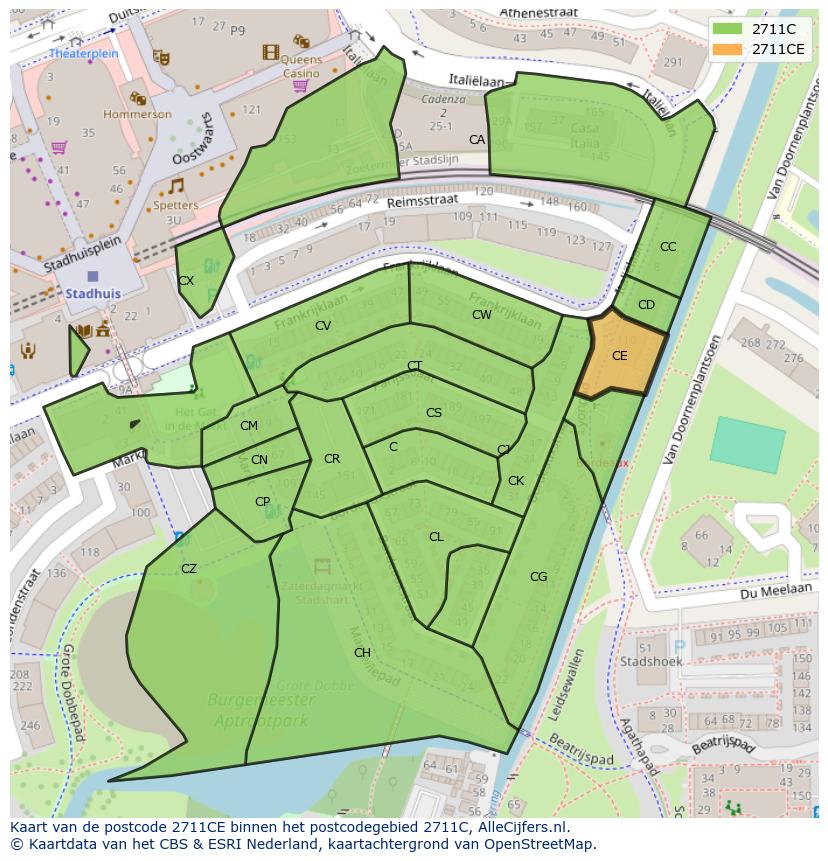 Afbeelding van het postcodegebied 2711 CE op de kaart.