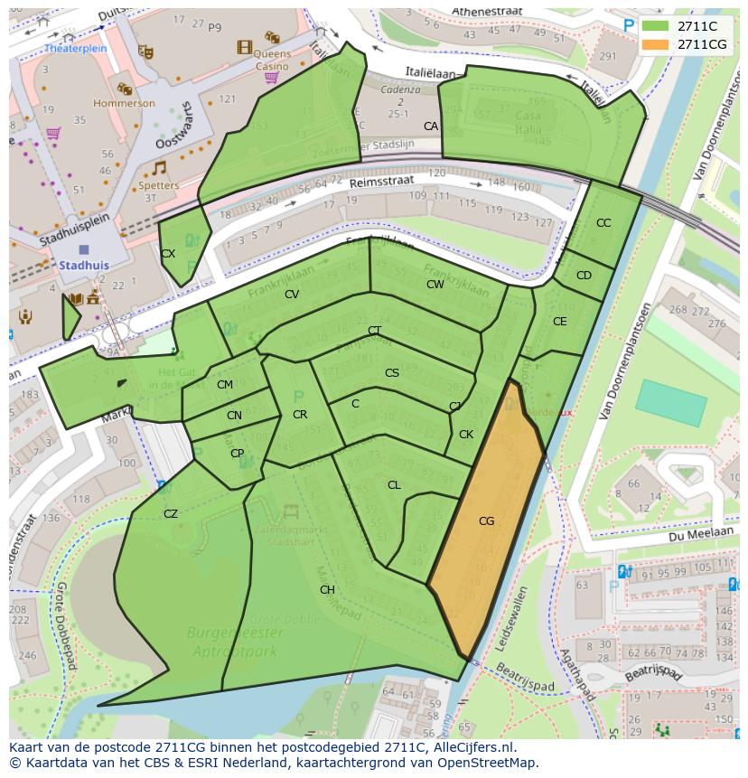 Afbeelding van het postcodegebied 2711 CG op de kaart.