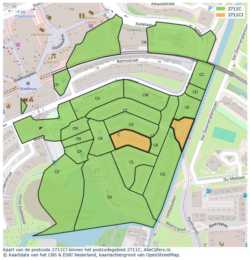 Afbeelding van het postcodegebied 2711 CJ op de kaart.