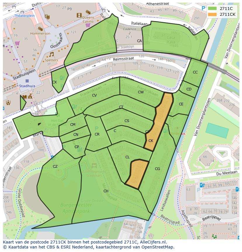Afbeelding van het postcodegebied 2711 CK op de kaart.