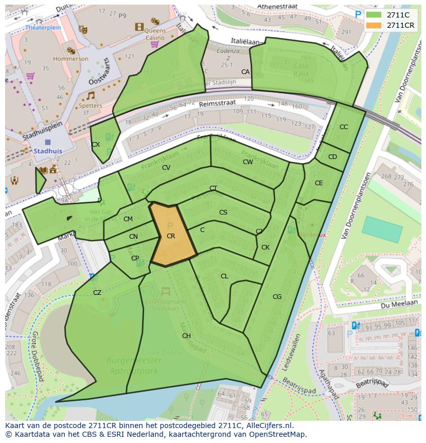 Afbeelding van het postcodegebied 2711 CR op de kaart.