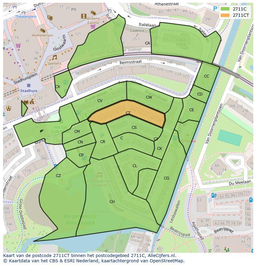 Afbeelding van het postcodegebied 2711 CT op de kaart.