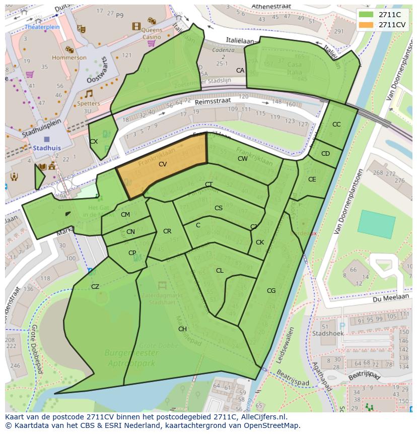 Afbeelding van het postcodegebied 2711 CV op de kaart.