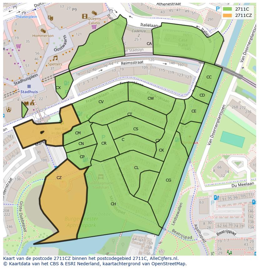 Afbeelding van het postcodegebied 2711 CZ op de kaart.