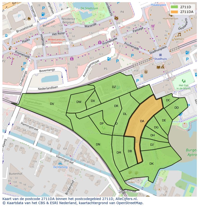 Afbeelding van het postcodegebied 2711 DA op de kaart.