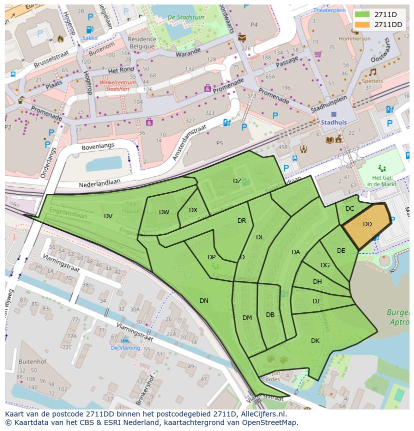Afbeelding van het postcodegebied 2711 DD op de kaart.
