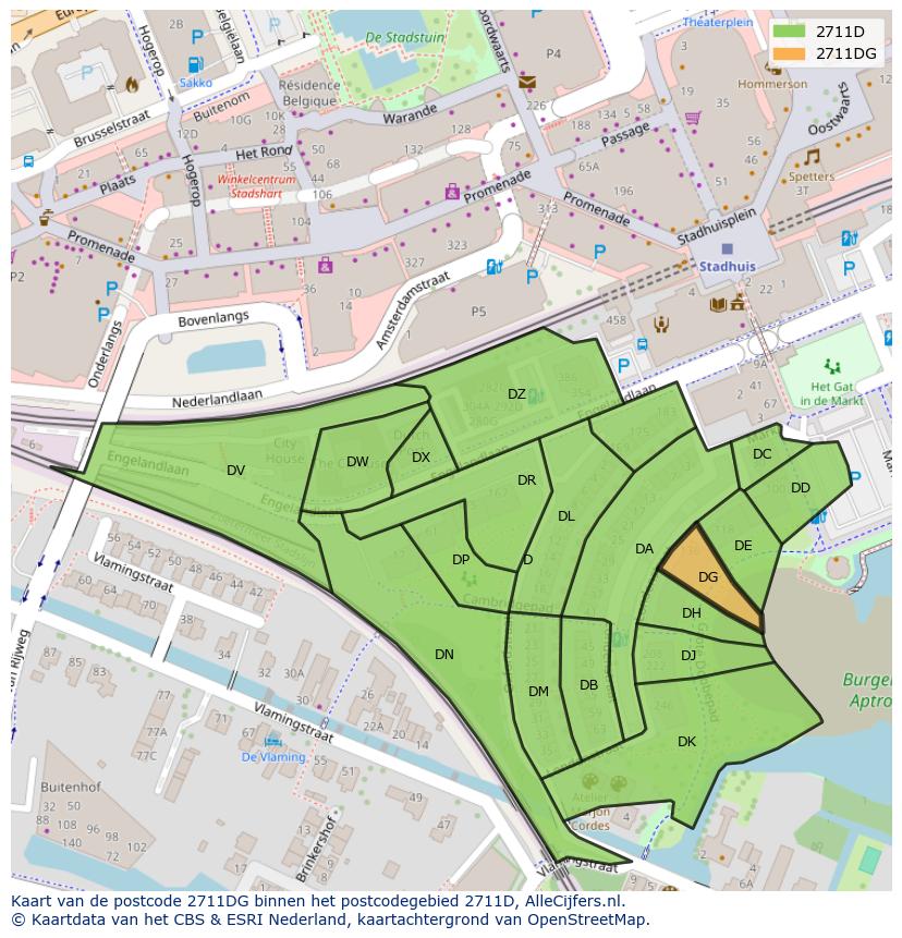 Afbeelding van het postcodegebied 2711 DG op de kaart.