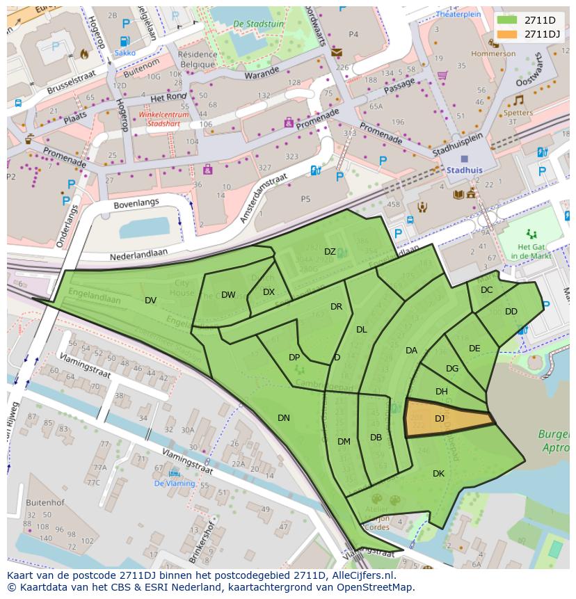 Afbeelding van het postcodegebied 2711 DJ op de kaart.