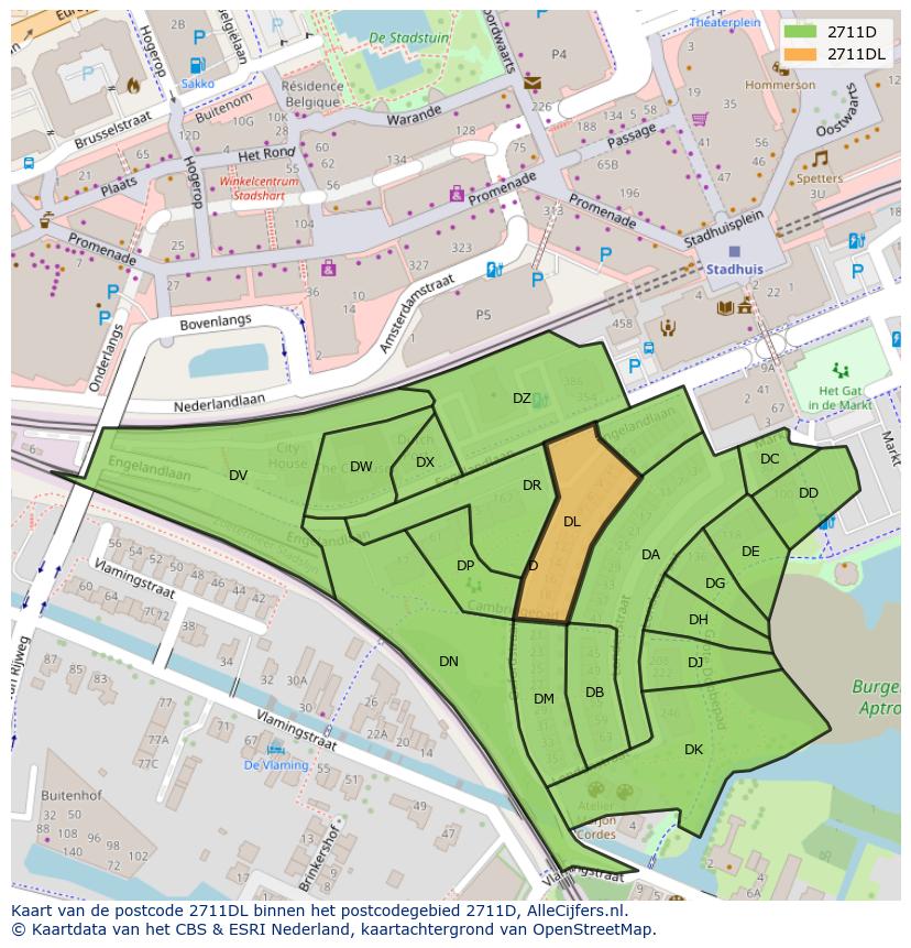 Afbeelding van het postcodegebied 2711 DL op de kaart.